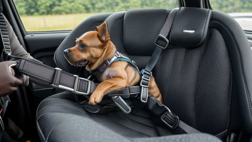 Nahaufnahme eines Sicherheitsgurtes für Hunde, der im Auto eingerastet wird.