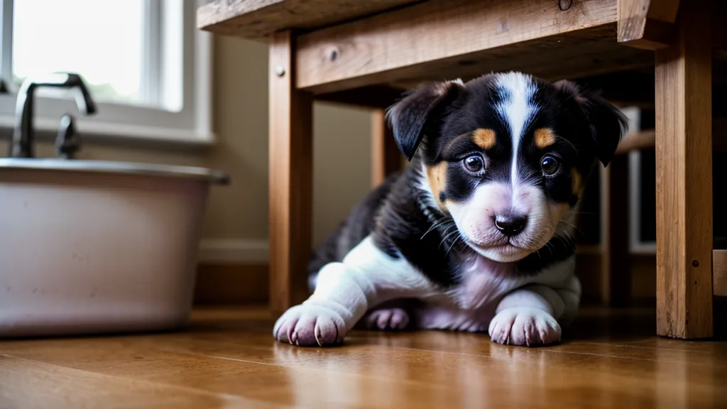 Neugieriger Tierschutz-Welpe schaut unter dem Küchentisch hervor – erste Schritte beim Bindungsaufbau nach dem Puppy-Blues