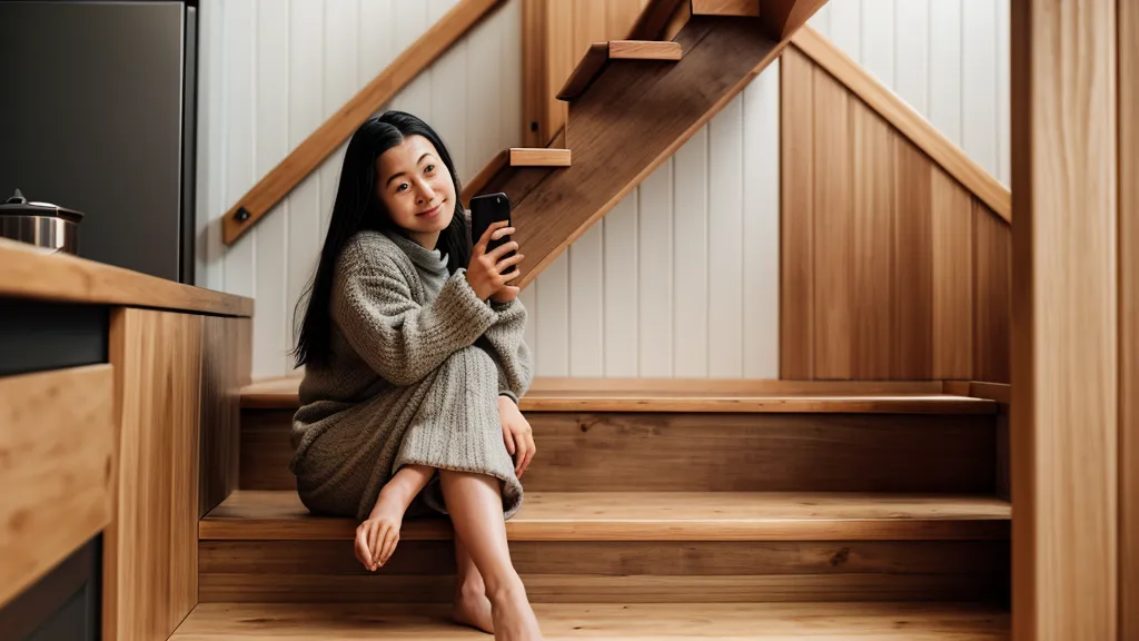 Smartphone mit einem Online-Welpenkurs in der Hand einer jungen Frau auf einer Treppe