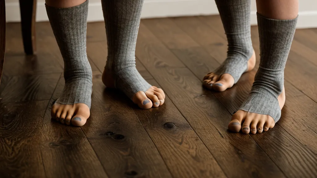Nahaufnahme von nassen Socken auf einem Holzboden nach einem Missgeschick des Welpen.