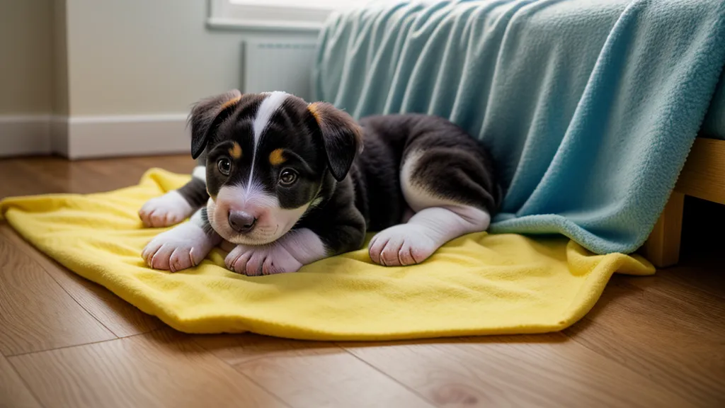 Ein Welpe ruht entspannt auf seiner Decke neben dem Schreibtisch während einer Lernphase.