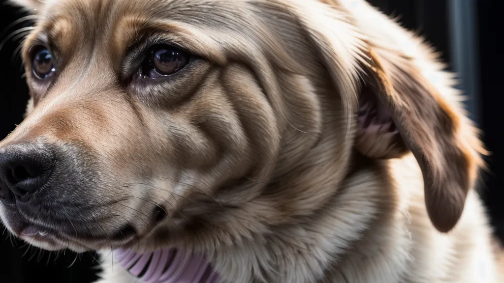 Detailaufnahme eines Hundes und eines Staubsaugerrohrs auf Parkett.